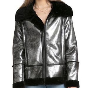 AVEC LES FILLES Metallic Biker Jacket Faux Fur